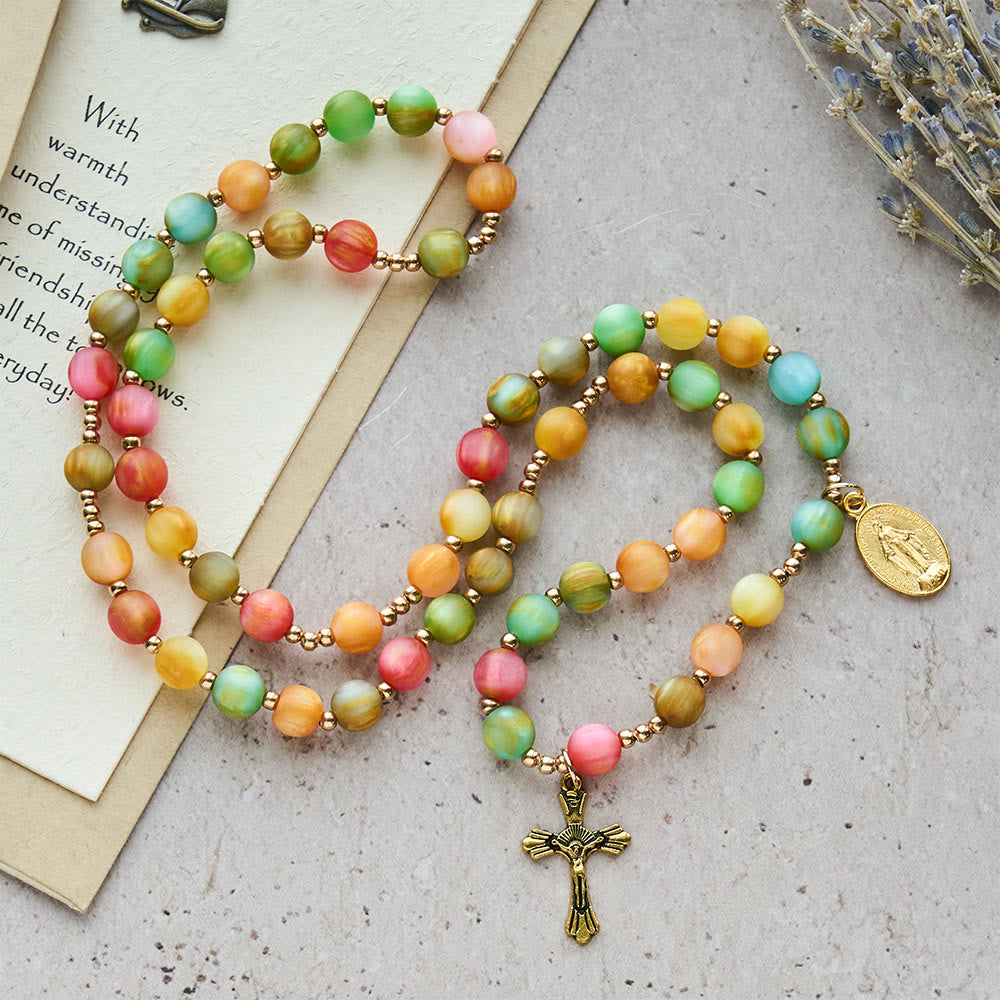 Christianartworkshop Rainbow Glow Vibrant Faith Rosary Bracelet: Colorful Beads & Sacred Golden Our Lady - image 2