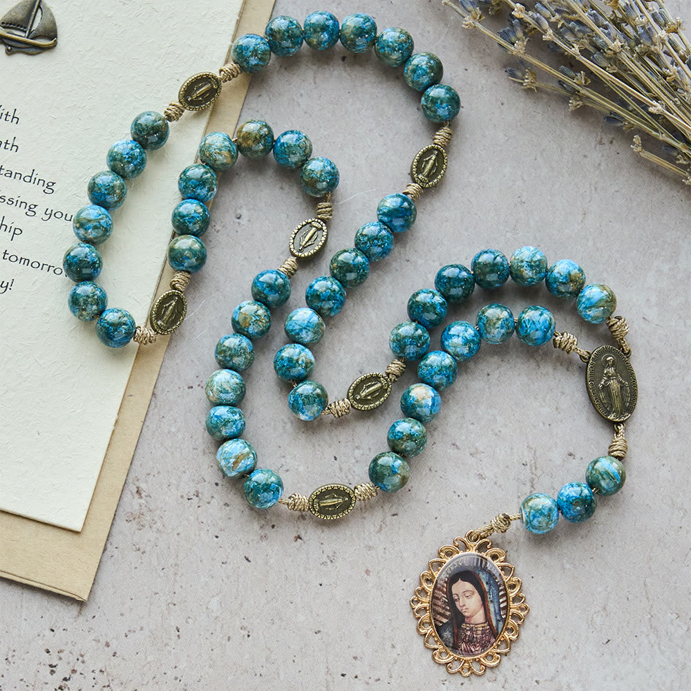 FREE Today:  Blessed Our Lady Seven Sorrows Rosary with Blue Oil-Paint Beads & Our Lady Medal - image 4