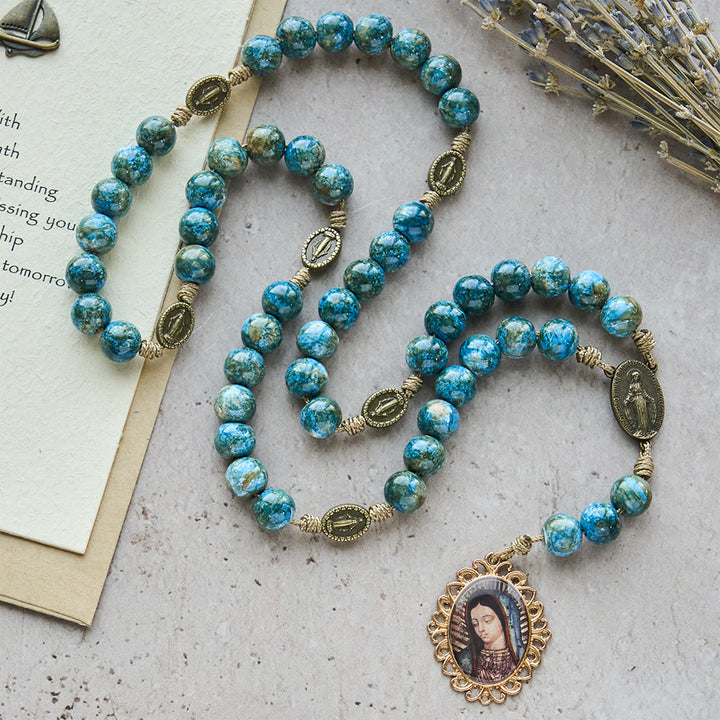 FREE Today:  Blessed Our Lady Seven Sorrows Rosary with Blue Oil-Paint Beads & Our Lady Medal - image 4