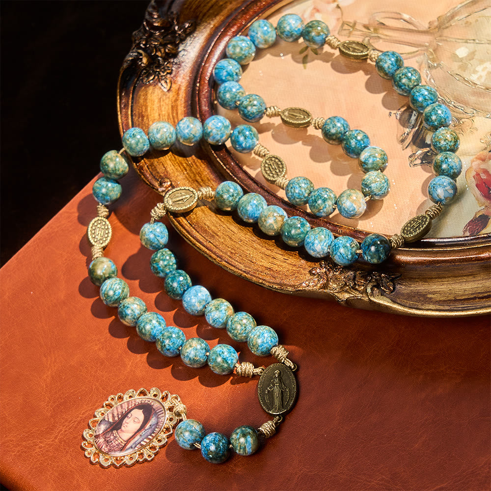 FREE Today:  Blessed Our Lady Seven Sorrows Rosary with Blue Oil-Paint Beads & Our Lady Medal - image 2