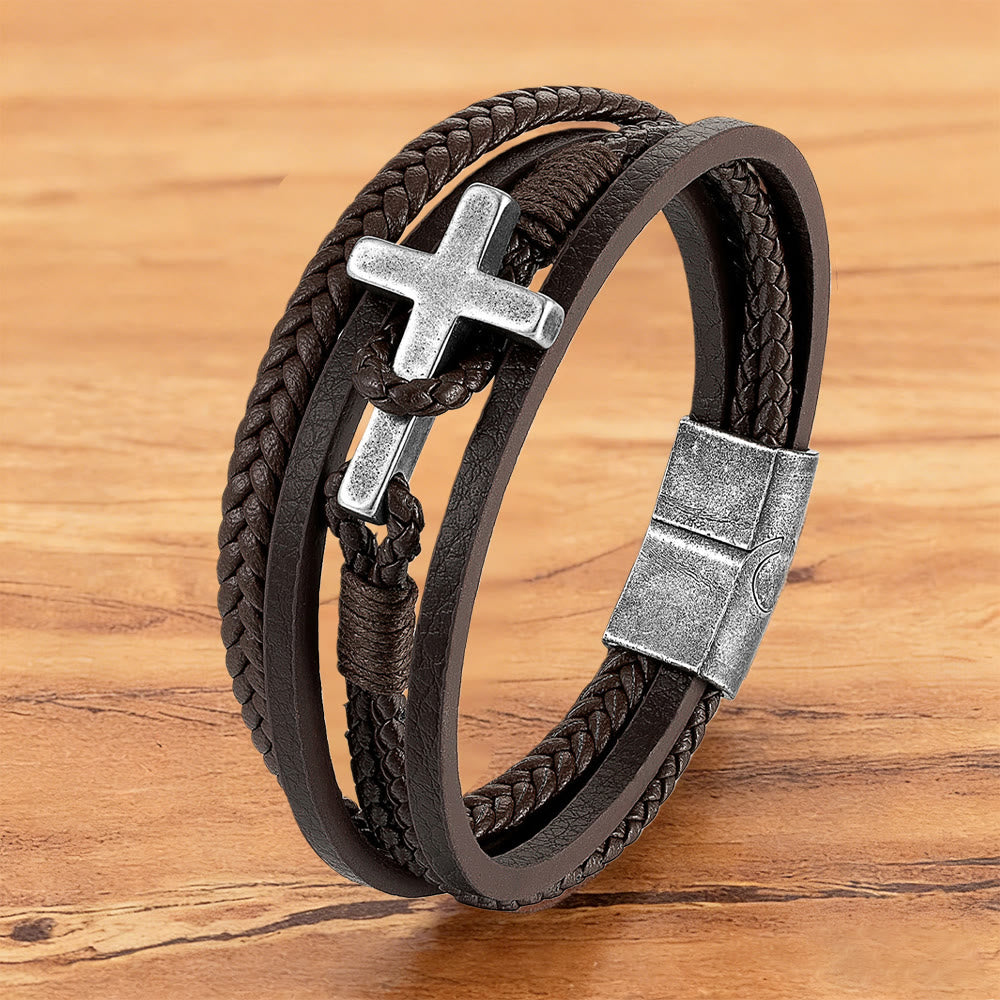 FREE Today: Tri - Color Stainless Steel Cross & Braided Leather Fashion Bracelet - Retro Cross#Brown - 23CM - image 20