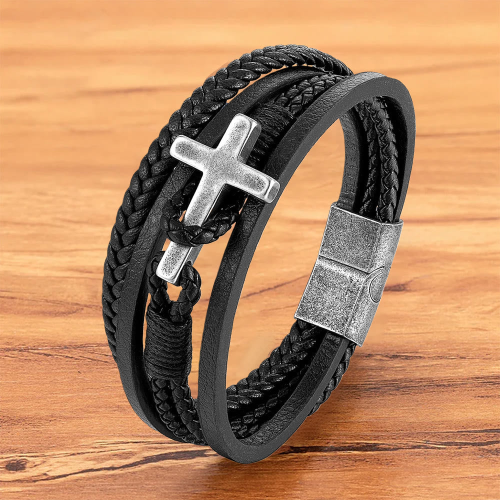 Tri-Color Stainless Steel Cross & Braided Leather Bracelet - Faith