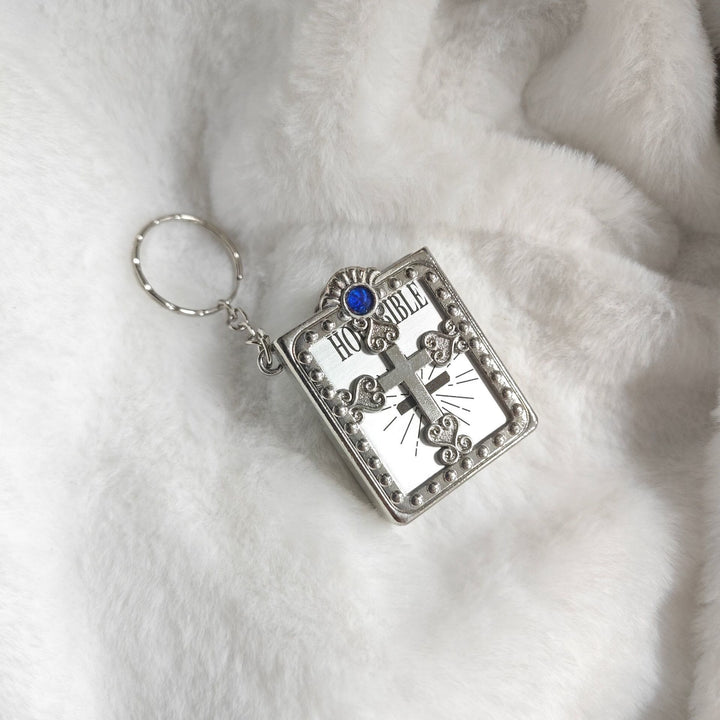 Christianartworkshop Bible-Shaped Cross Keychain: Steady Companion for Errand Days - Silver & Blue - image 5