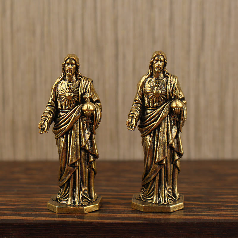 Brass Jesus with Sacred Heart Statue — Small Copper Desktop Faith