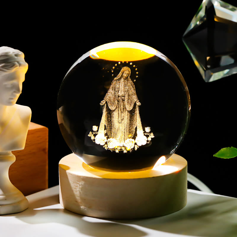 Christianartworkshop Sacred Crystal Ball Nightlight: Luminous Companion of Divine Presence - Our Lady & Rose - with Colorful Light Base - 8cm - image 5
