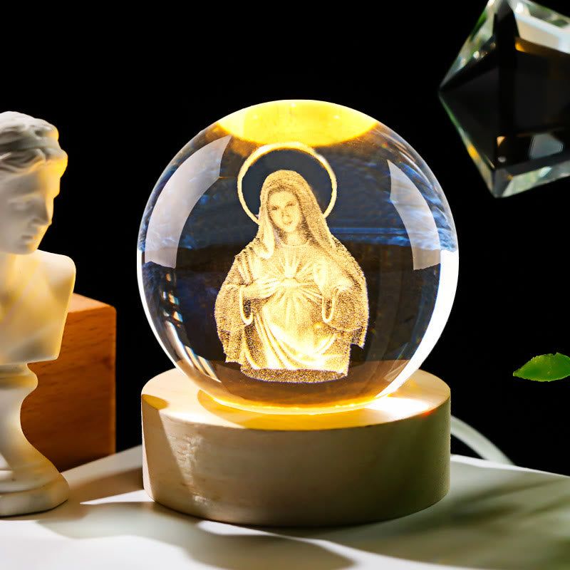 Christianartworkshop Sacred Crystal Ball Nightlight: Luminous Companion of Divine Presence - Mary with Sacred Heart - with Colorful Light Base - 8cm - image 10