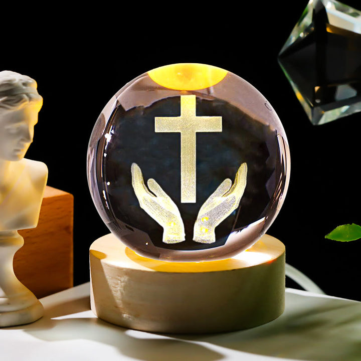 Christianartworkshop Sacred Crystal Ball Nightlight: Luminous Companion of Divine Presence - Hands & Cross - with Colorful Light Base - 8cm - image 9