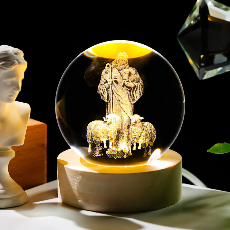 Christianartworkshop Sacred Crystal Ball Nightlight: Luminous Companion of Divine Presence - Shepherd & Sheep - with Colorful Light Base - 8cm - image 3