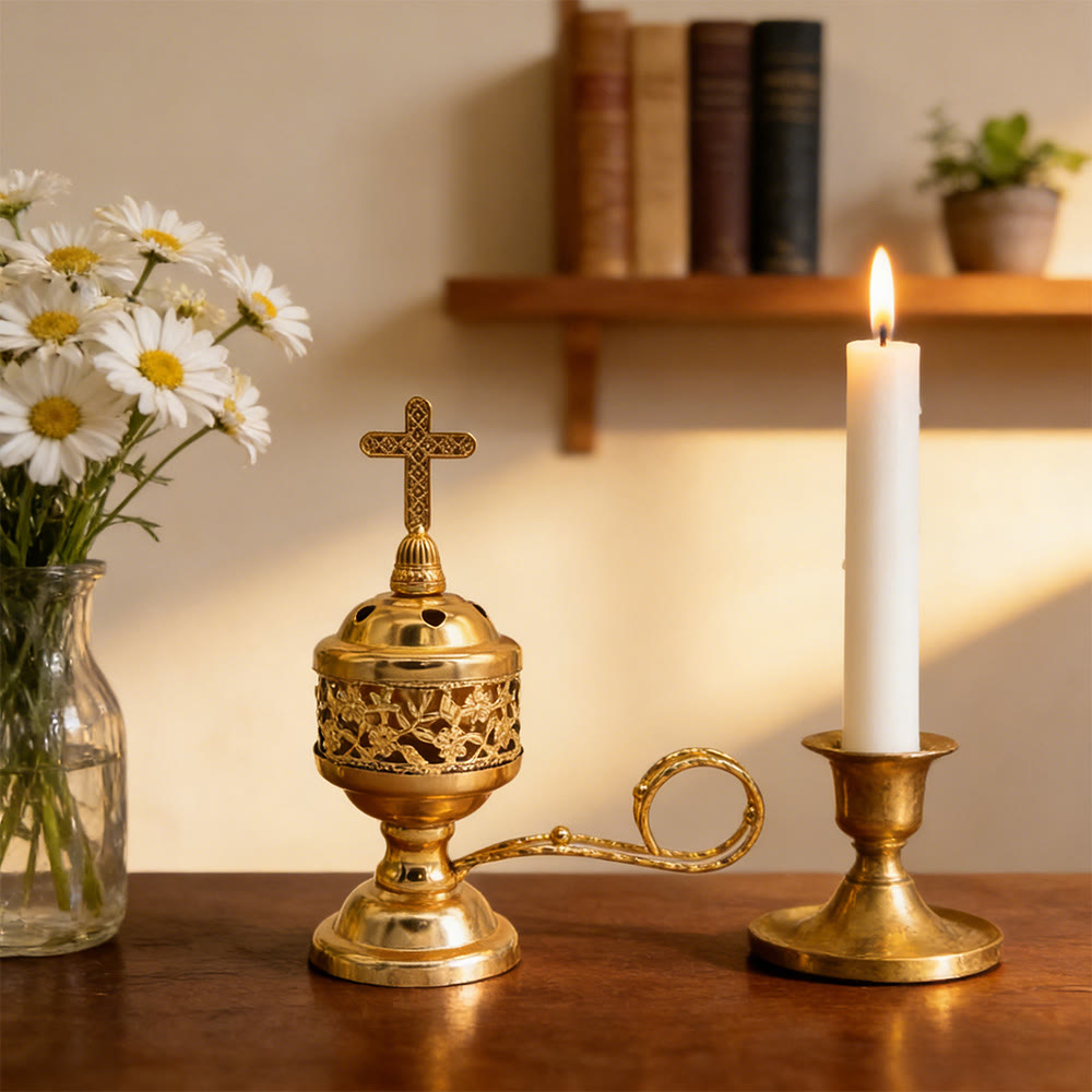 Christianartworkshop Ornate Metal Incense Burner with Cross Accent: Quiet Reminder of Peaceful Moments - Golden - image 1
