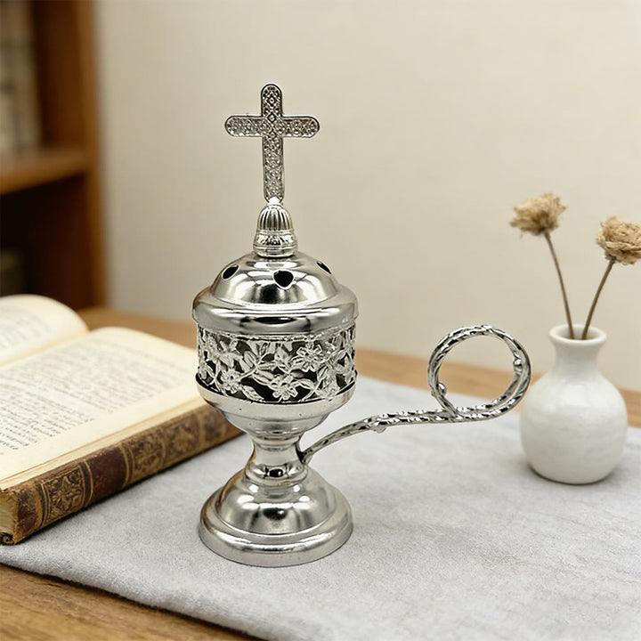 Christianartworkshop Ornate Metal Incense Burner with Cross Accent: Quiet Reminder of Peaceful Moments - Silver - image 4