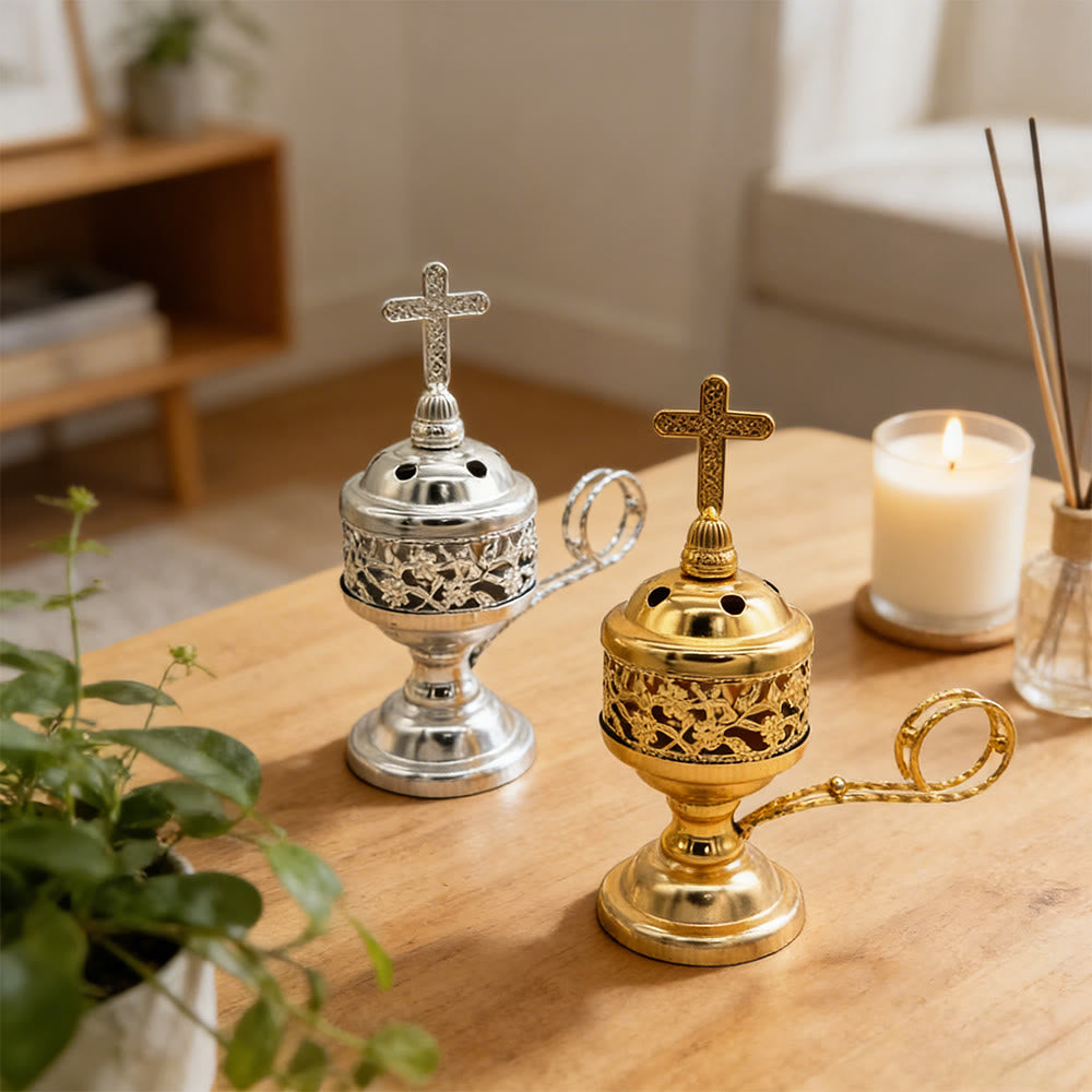 Christianartworkshop Ornate Metal Incense Burner with Cross Accent: Quiet Reminder of Peaceful Moments - image 1