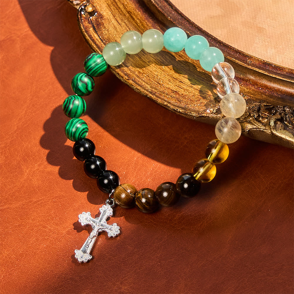 Christianartworkshop Multi-Natural Stone Faith Bracelet with Assorted Stones & Cross: Faith That Shines Naturally - Wrist Circumference: 6.30''-7.48"/16-19cm - image 0
