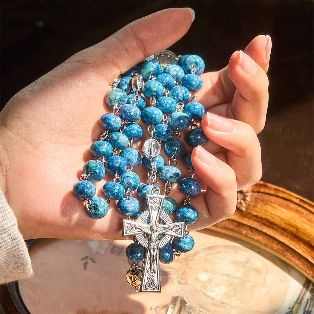 Christianartworkshop Blue Retro Flat-Bead Rosary with Our Lady Charm: Devotion in Uncommon Shape - image 1