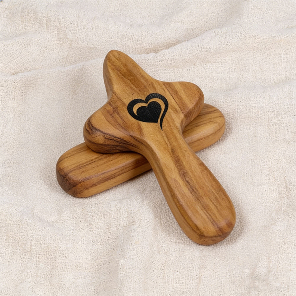Walnut & Olive Wood Pocket Cross with Heart — Christian Jewelry