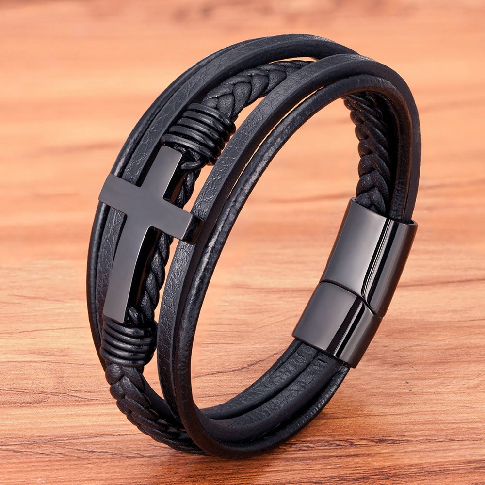 Christianartworkshop Braided Cross Leather Bracelet: Steady Grace for Everyday Wrists - Black & Black Cross - 9.1''/23cm - image 3