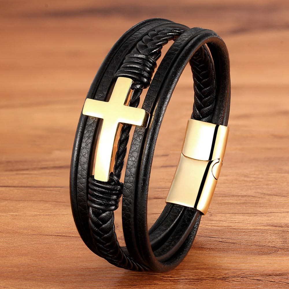 Christianartworkshop Braided Cross Leather Bracelet: Steady Grace for Everyday Wrists - Black & Golden Cross - image 0