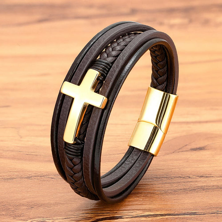 Christianartworkshop Braided Cross Leather Bracelet: Steady Grace for Everyday Wrists - Brown & Golden Cross - image 7