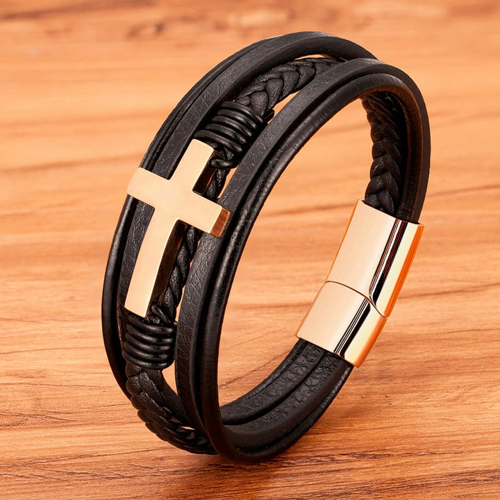 Christianartworkshop Braided Cross Leather Bracelet: Steady Grace for Everyday Wrists - Black & Rosegold Cross - image 5