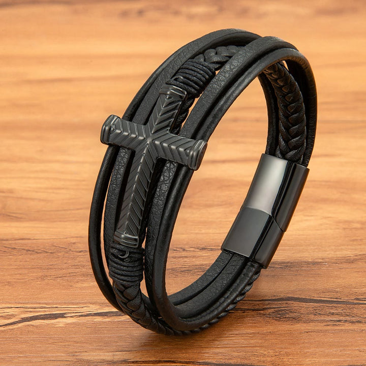 Christianartworkshop Three-Style Cross Leather Bracelet: Personalized Faith in Every Strand - Black - image 0