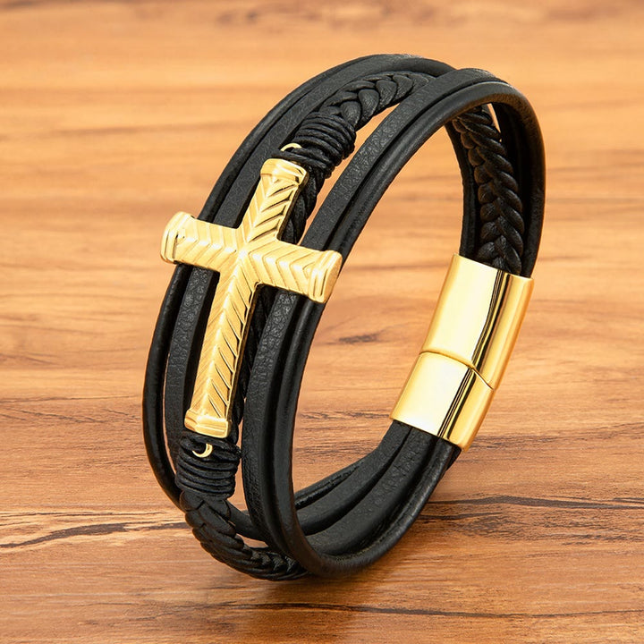 Christianartworkshop Three-Style Cross Leather Bracelet: Personalized Faith in Every Strand - Golden - image 3