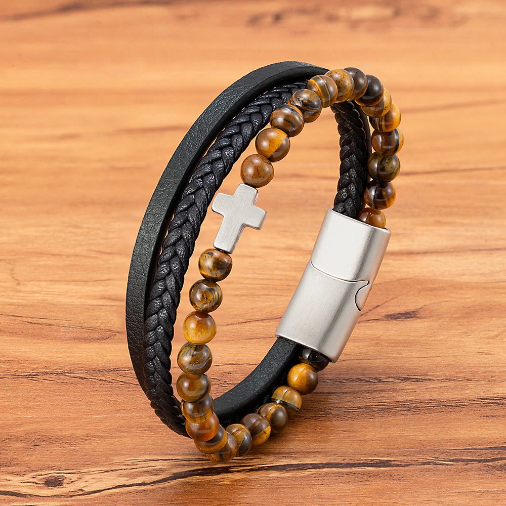 FREE Today: Layered Cross Bracelet with Tiger's Eye Stone Bead: Quiet Devotion in Rich Texture - Yellow - 9.1''/23cm - image 4