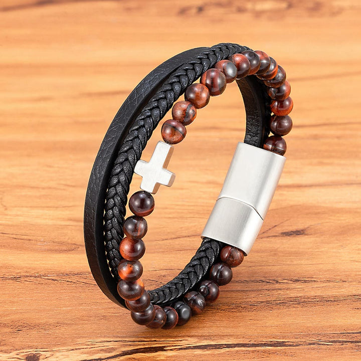 FREE Today: Layered Cross Bracelet with Tiger's Eye Stone Bead: Quiet Devotion in Rich Texture - Red - 9.1''/23cm - image 5