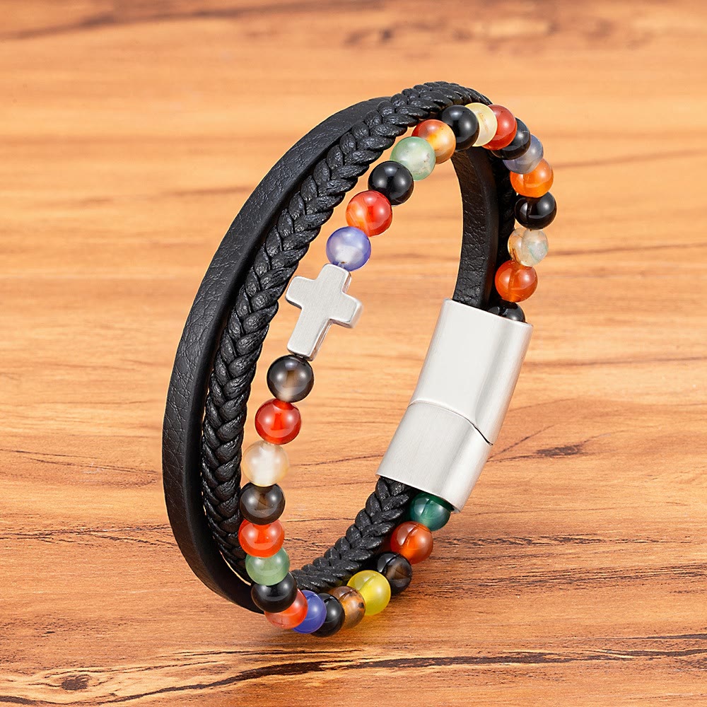 FREE Today: Layered Cross Bracelet with Tiger's Eye Stone Bead: Quiet Devotion in Rich Texture - Colorful - 9.1''/23cm - image 0