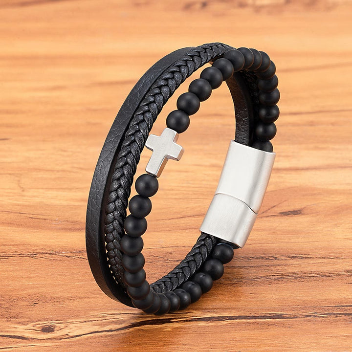 FREE Today: Layered Cross Bracelet with Tiger's Eye Stone Bead: Quiet Devotion in Rich Texture - Black - 9.1''/23cm - image 3