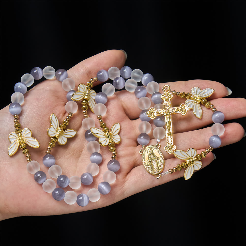 Christianartworkshop Purple/Pink Cat's Eye & Matte Glass Butterfly Blessed Rosary: Embody Sacred Love and Grace - image 2