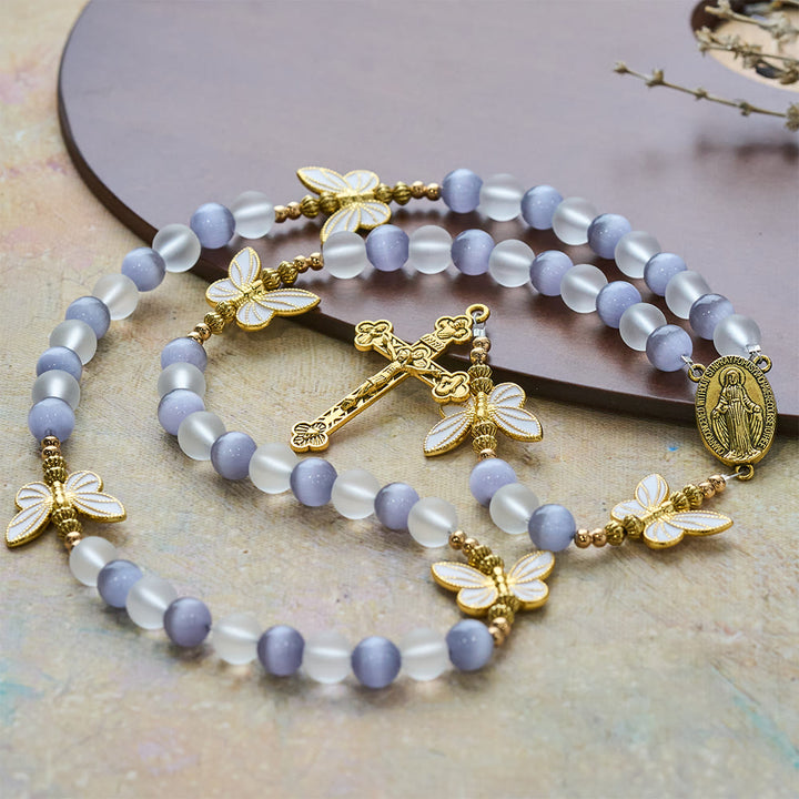 Christianartworkshop Purple Cat's Eye & Matte Glass Butterfly Blessed Rosary: Embody Sacred Love and Grace - Our Lady & Crucifix - image 0