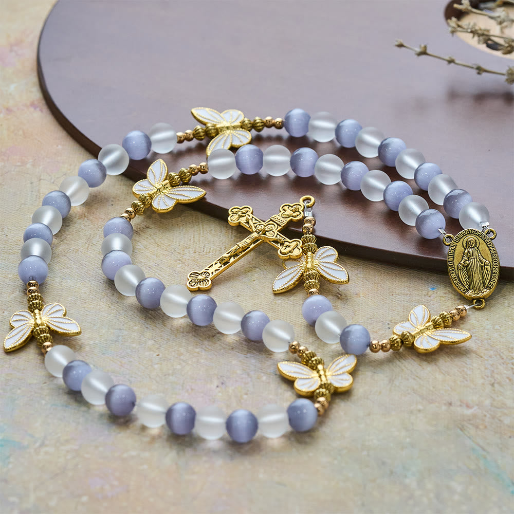 FREE Today: Purple Cat's Eye & Matte Glass Butterfly Blessed Rosary: Embody Sacred Love and Grace - Our Lady & Crucifix - image 0