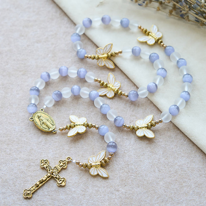 Christianartworkshop Purple/Pink Cat's Eye & Matte Glass Butterfly Blessed Rosary: Embody Sacred Love and Grace - image 8