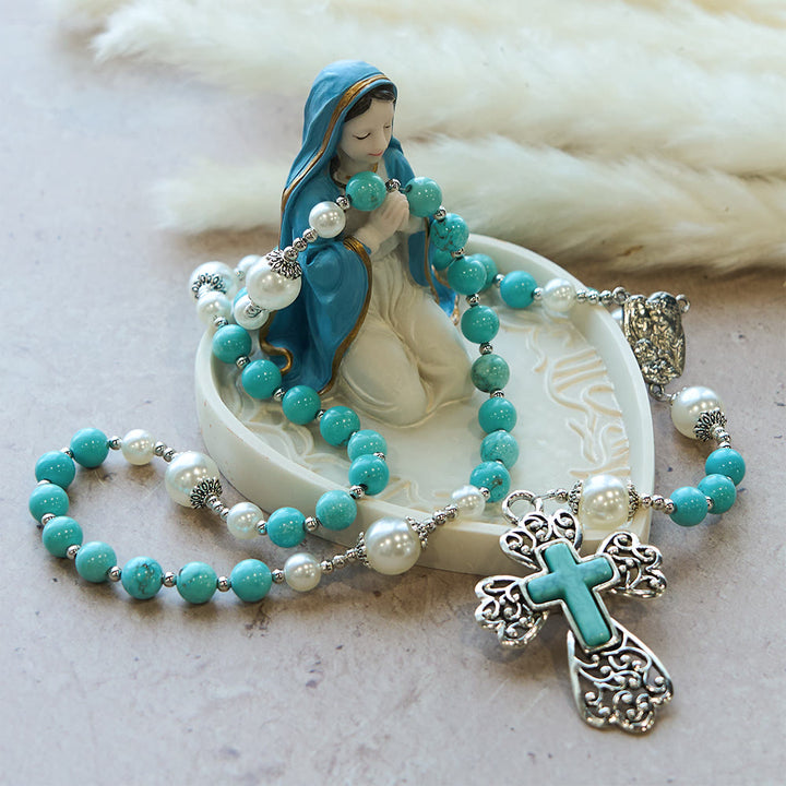Christianartworkshop Turquoise Bead Crucifix Rosary with Holy Family Accent: A Steady Reminder of His Grace - image 7
