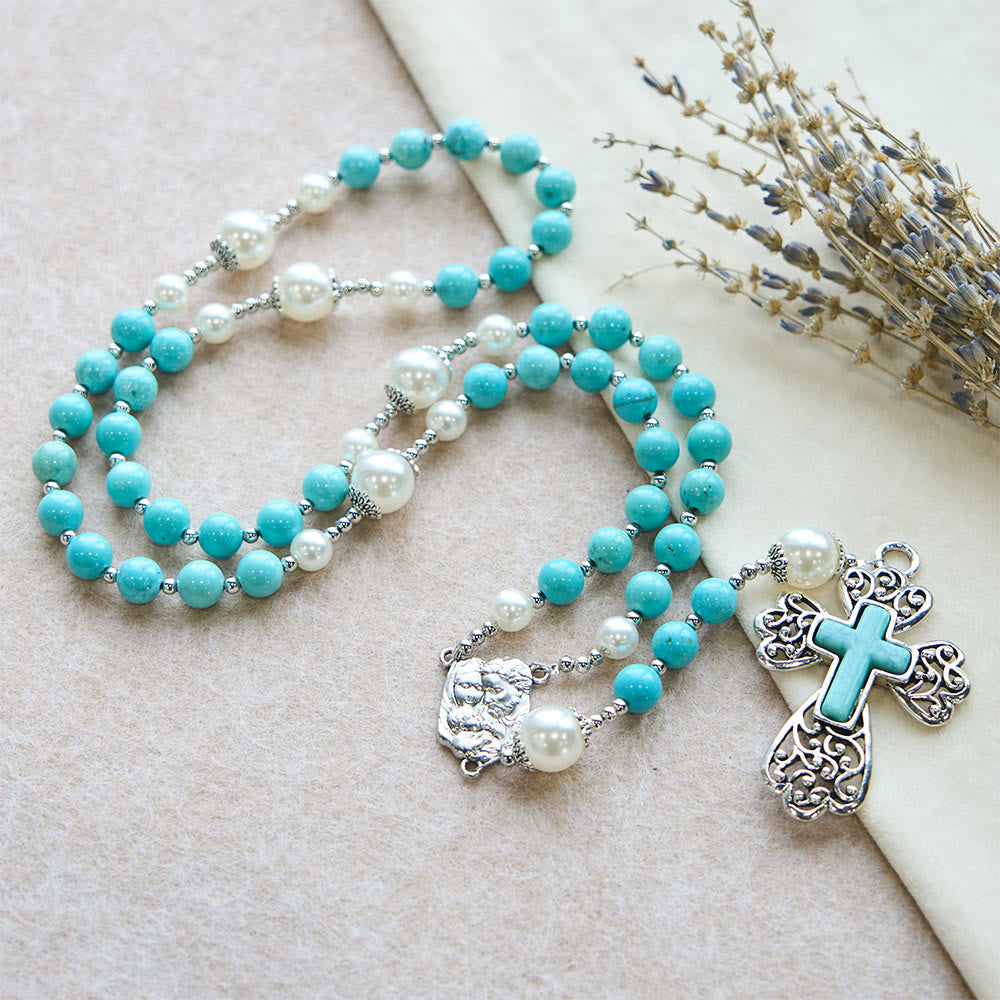Christianartworkshop Turquoise Bead Crucifix Rosary with Holy Family Accent: A Steady Reminder of His Grace - image 4