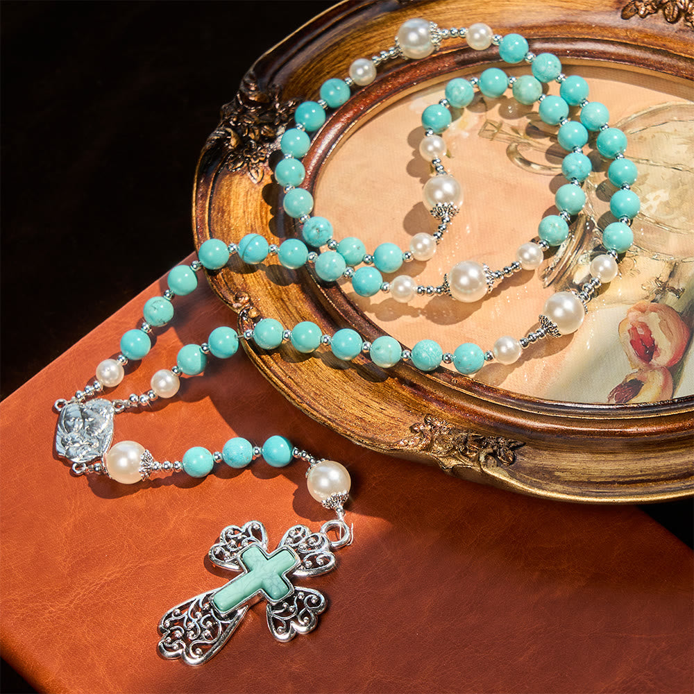 Christianartworkshop Turquoise Bead Crucifix Rosary with Holy Family Accent: A Steady Reminder of His Grace - image 1