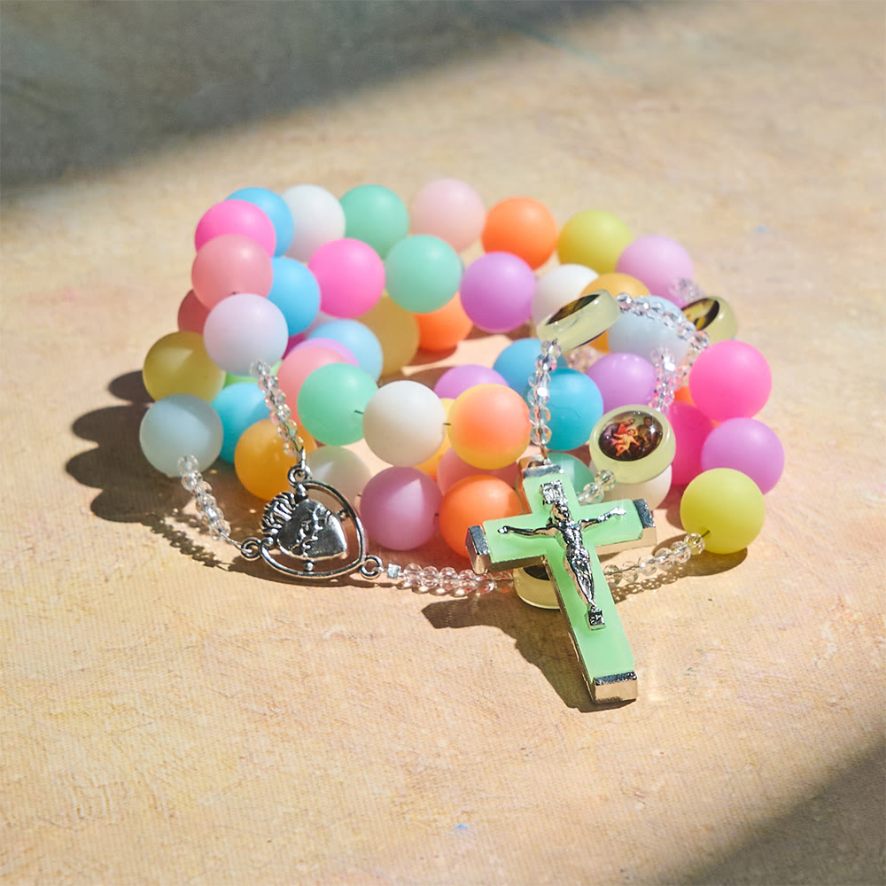 rosarymoon3点セット Glow-in-the-Dark Multicolor 5-Decade Rosary with Saint Portraits