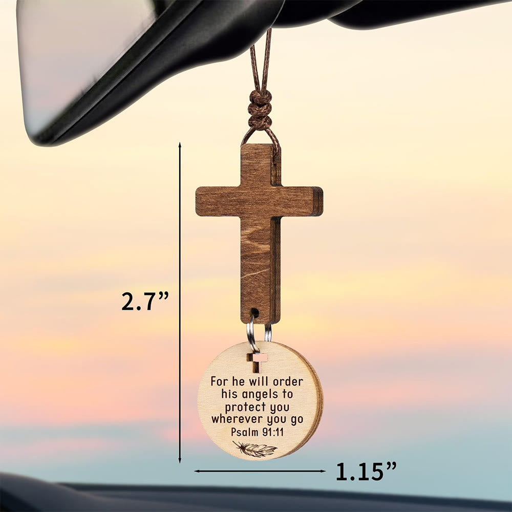 Christianartworkshop Wooden Car Pendant with Gift Card: Devotion Wrapped in Natural Style - Psalm 91:11 - image 0