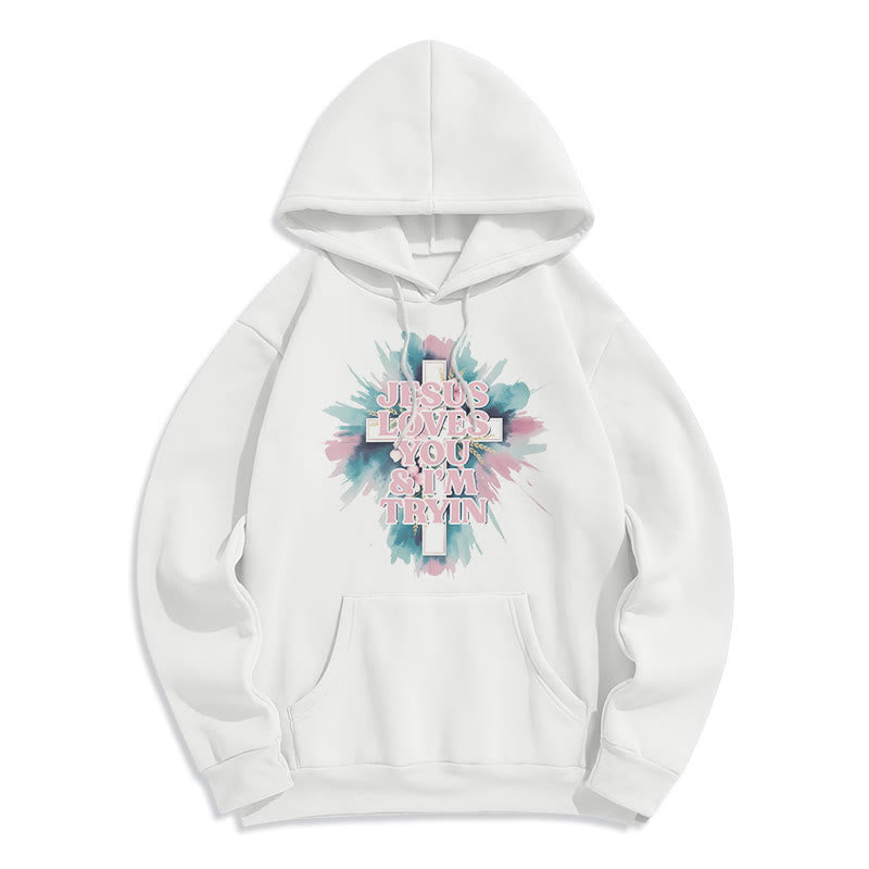 Christianartworkshop  Jesus Loves You I'm Still Tryin Fleece Lined Polyester Hoodie - White - 2XL - image 0