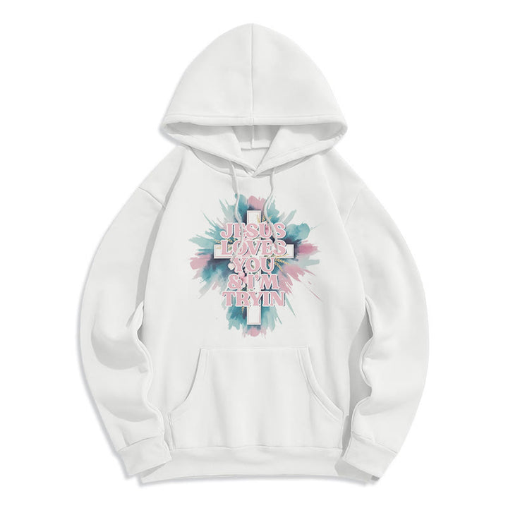 Christianartworkshop  Jesus Loves You I'm Still Tryin Fleece Lined Polyester Hoodie - White - 2XL - image 0