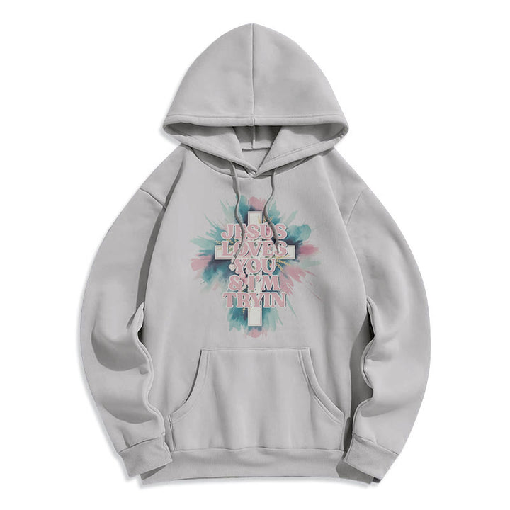 Christianartworkshop  Jesus Loves You I'm Still Tryin Fleece Lined Polyester Hoodie - Grey - 2XL - image 2