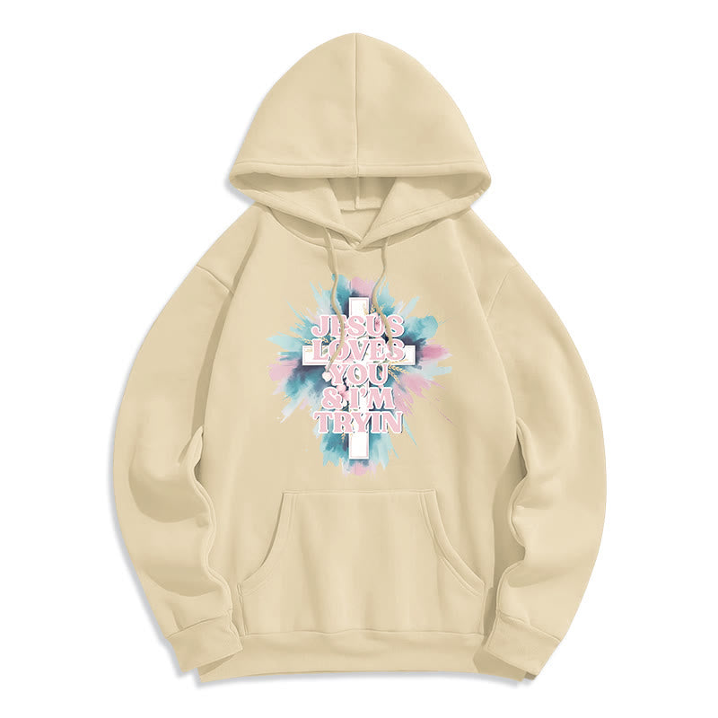Christianartworkshop  Jesus Loves You I'm Still Tryin Fleece Lined Polyester Hoodie - Beige - 2XL - image 5