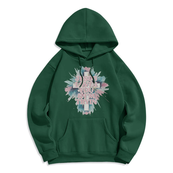 Christianartworkshop  Jesus Loves You I'm Still Tryin Fleece Lined Polyester Hoodie - Green - 2XL - image 6