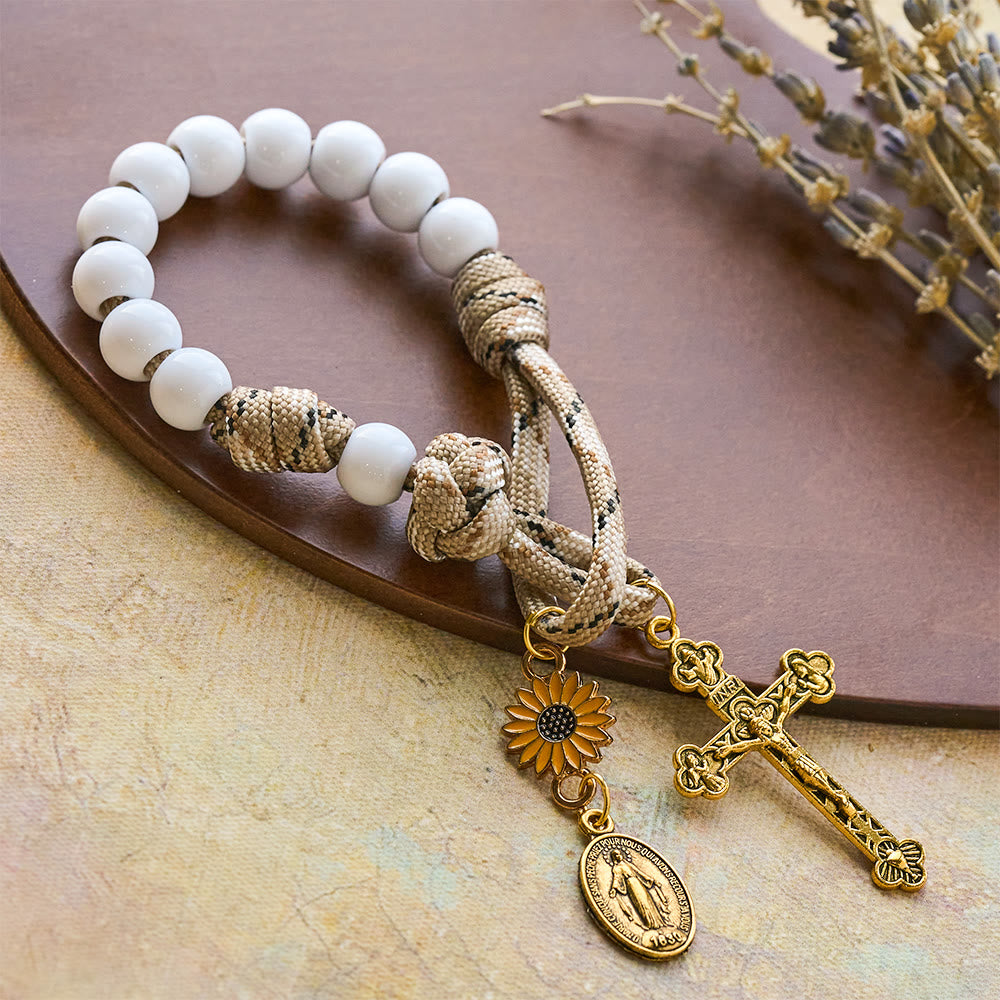 Christianartworkshop Twofold Blessing Pocket Rosary: Sunflower and Blessed Mother for Car Mirror or Personal Carry - Our Lady & Sunflower - image 0