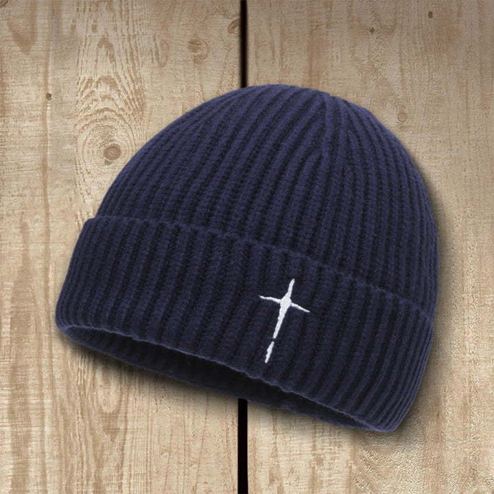 Christianartworkshop Subtle Cross Embroidered Beanie: His Grace in Cold Days - Navy Blue - image 4