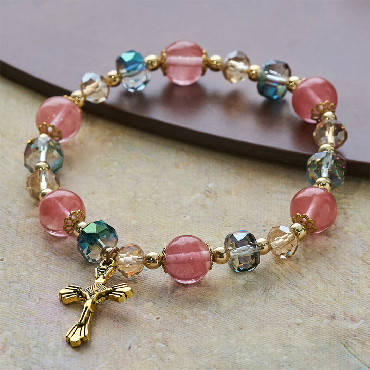 Christianartworkshop Pink Crystal & Multi-Faceted Bead Bracelet with Golden Crucifix: Dazzling Faith for Daily Style - image 4