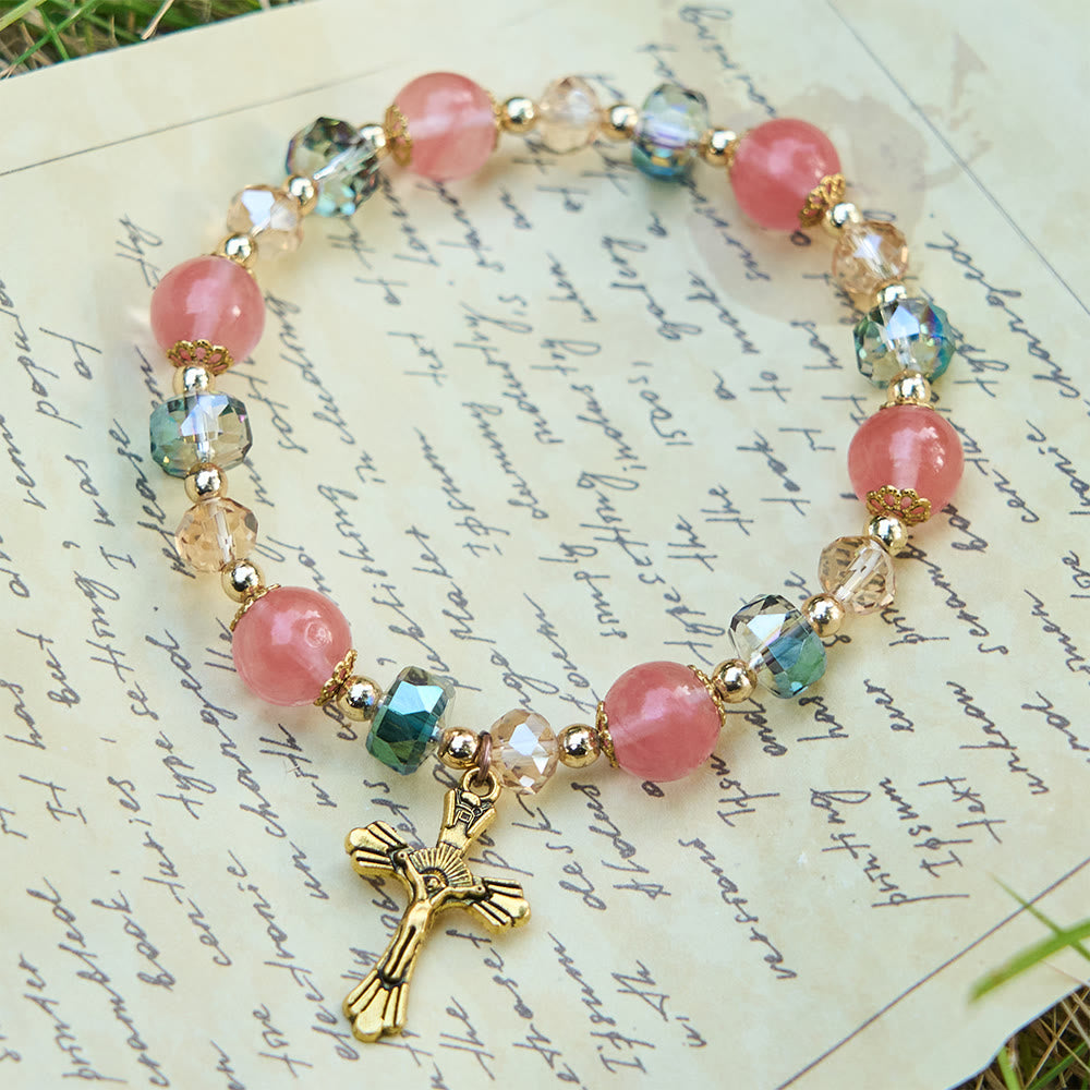 Christianartworkshop Pink Crystal & Multi-Faceted Bead Bracelet with Golden Crucifix: Dazzling Faith for Daily Style - image 2