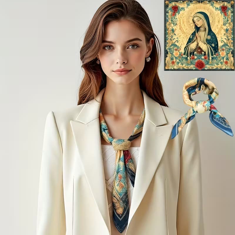 Christianartworkshop Serene Madonna Satin Scarf: A Blossom of Devotion - A - image 0