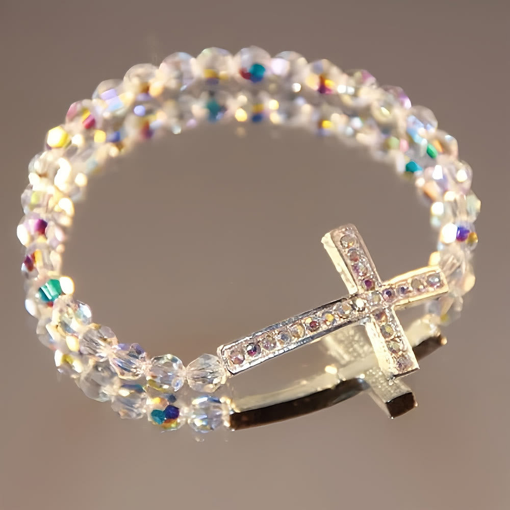 FREE Today: White & Peacock Blue Cross Bracelet: Belief Wrapped in Shimmer - White - image 0