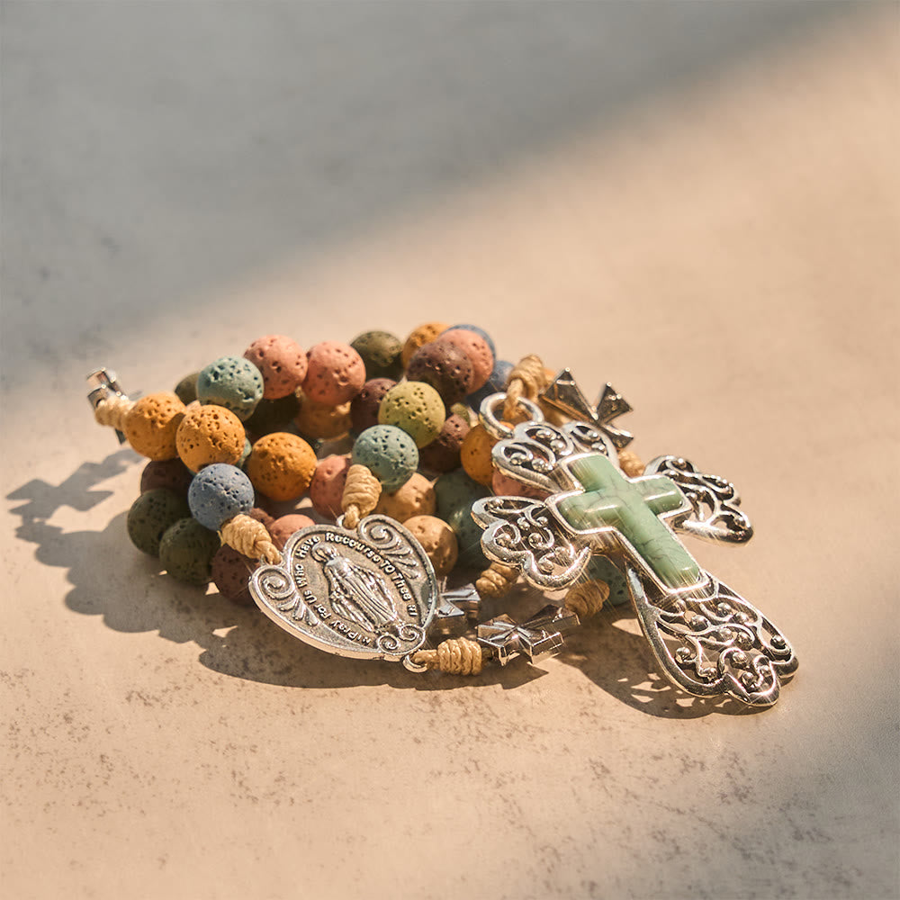 Vintage Multicolor Lava Stone Rosary with Turquoise Cross & Our