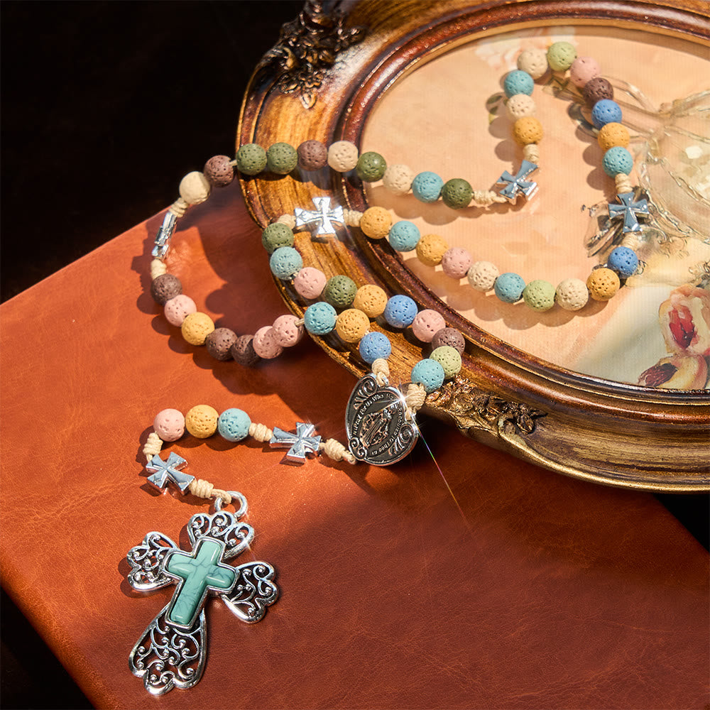 Vintage Multicolor Lava Stone Rosary with Turquoise Cross & Our